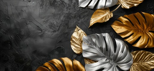 Wall Mural - Various gold and silver leaves are scattered on a dark black background, creating a striking contrast and elegant visual composition