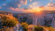 A wide mountain river, deep stone canyon, ancient granite rocks, beautiful sunset, rocky river, cloudy sky, mountain landscape Ai generated 