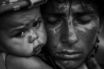 A close-up shot of a soldier eyes welling up with tears as they hold their child. The image captures the emotional intensity of the homecoming