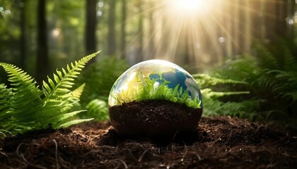 Wall Mural -  Crystal Earth On Soil In Forest With Ferns And Sunlight - The Environment - Earth Day Concept created with generative ai.