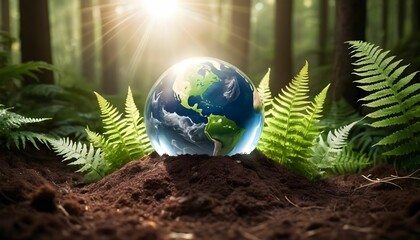 Wall Mural -  Crystal Earth On Soil In Forest With Ferns And Sunlight - The Environment - Earth Day Concept created with generative ai.