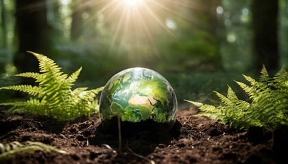 Wall Mural -  Crystal Earth On Soil In Forest With Ferns And Sunlight - The Environment - Earth Day Concept created with generative ai.