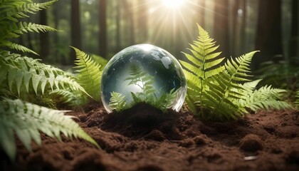 Wall Mural -  Crystal Earth On Soil In Forest With Ferns And Sunlight - The Environment - Earth Day Concept created with generative ai.