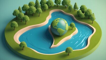 Wall Mural - Earth Day concept. 3d eco-friendly design. Earth map shapes with trees water and shadow. Save the Earth concept. Happy Earth Day, 22 April created with generative ai.