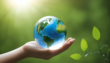 Wall Mural - Glass globe in hand, ecology concept, Earth Day created with generative ai.