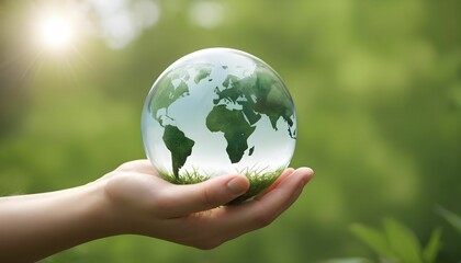 Wall Mural - Glass globe in hand, ecology concept, Earth Day created with generative ai.