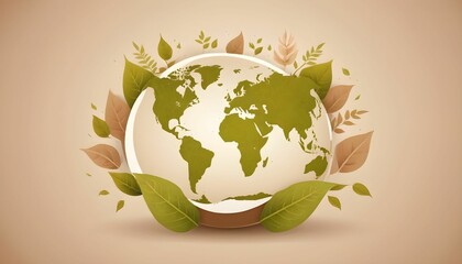 Wall Mural - Happy Earth Day Ecology concept. Design with globe map drawing and leaves on a light brown background. vector illustration created with generative ai.