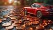 car with coins and cash, auto tax and financing, car insurance and car loans