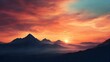 Sunset over the mountains, scenic landscape dramatic red sky, beautiful nature epic background