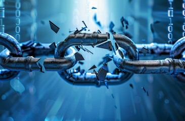 Poster - a broken chain with digital binary code in the background, symbolizing transition and system change 