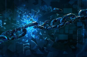 Poster - digital blue background with a broken chain and binary code, symbolizing security in the style of bl