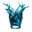 Drink blue, ice cubes in a glass with splashes isolated on a transparent and white background. PNG.