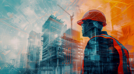 Wall Mural - Double exposure building construction, civil engineering project manager worker working with modern civil equipment technology, architect people, or construction workers working.