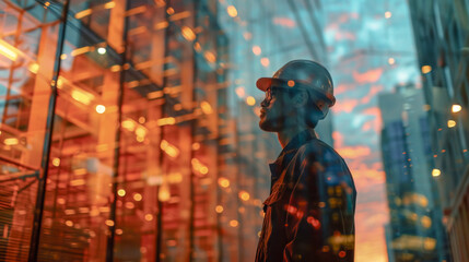 Wall Mural - Double exposure building construction, civil engineering project manager worker working with modern civil equipment technology, architect people, or construction workers working.