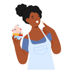 Black Woman Character Beaming With Pride, Cradling Her Homemade Dessert. Sweet Triumph In Her Eyes, Vector Illustration