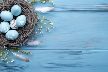 Banner. Easter eggs, feathers in a nest on a blue wooden background. The minimal concept. Top view. Card with a copy of the place for the text - generative ai