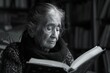 An elderly woman reading a book, her face expressing peace and tranquility