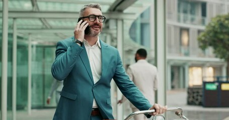 Poster - Happy senior, businessman and phone call with luggage at airport for job opportunity or conversation. Mature man or employee talking and walking with smile on mobile smartphone for business travel