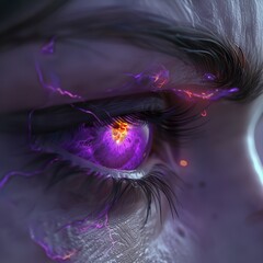 Wall Mural - Woman's purple eye in the dark. Fire. Piercing eyes. Burning demonic eyes. Fiery Mysterious. Magic, secrecy, mysticism, visual effect. Hypnosis, power of sight. Look. Close up. Game art. Man