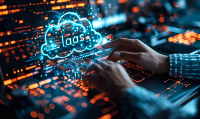 Poster - IT professional explores concept of Infrastructure as a Service (IaaS) through digital cloud interface, shift towards on-demand, scalable computing resources in the modern technological landscape