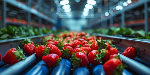 Wall Mural - Strawberries on conveyor belt in modern factory warehouse showcasing production industry logistics. Concept Production Efficiency, Fresh Fruit Processing, Industrial Automation