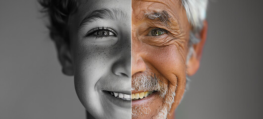 Wall Mural - portrait of same young and old man smiling, AI generated