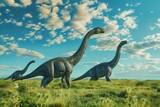 Fototapeta  - Prehistoric Dinosaurs Roaming in Lush Triassic Landscape Under Dramatic Cloudy Sky