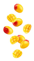 Wall Mural - Falling mango isolated on white background, full depth of field