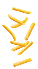 Wall Mural - falling french fries, potato fry isolated on white background, full depth of field