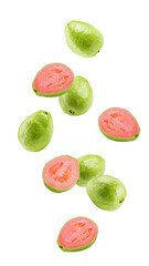 Wall Mural - falling guava isolated on white background, full depth of field