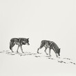 Two wolves in snowy steppe leaving traces: minimalist engraving