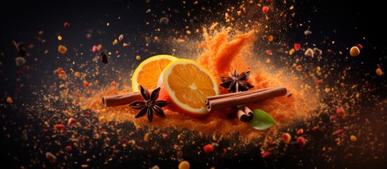 Canvas Print - Citrus slice, cinnamon sticks, star anise, and pepper on a black background create a visually stunning landscape. This culinary event features Mandarin orange in a natural and entertaining display