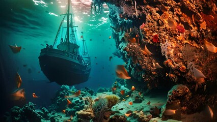 Wall Mural - Underwater view of a sunken pirate ship on a coral reef, Beautiful underwater world with an old shipwreck, coral, and fish, AI Generated