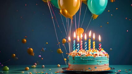 Poster - Birthday cake with burning candle and colorful balloons flying on blue background, Birthday cake featuring burning candles on a blue background, accompanied by colorful balloons, AI Generated