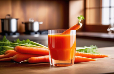 Wall Mural - Fresh carrot juice in glass cup on wooden table and kitchen. Healthy breakfast