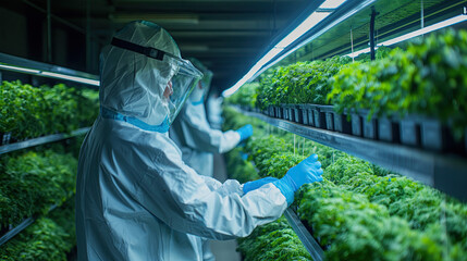 An underground vertical farm utilizing geothermal energy, technicians in protective gear monitoring growth. Concept of the future of food