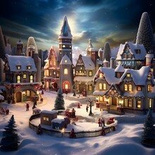 Christmas And New Year Background With Winter Village. 3D Illustration.