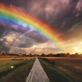 Fototapeta Tęcza - Rainbow over a country road.