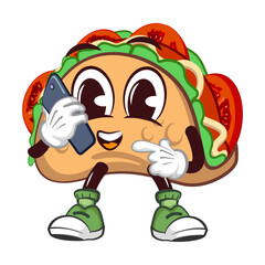 Wall Mural - cute taco mascot character emoticon with funny face communicating by cellphone, cute taco mascot