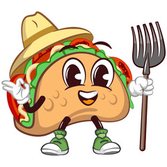 Wall Mural - cute taco mascot character emoticon with a funny face wearing a farmer's hat and carrying a fork shovel, cute taco mascot