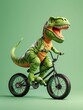 A dinosaur is riding a bike on a green background