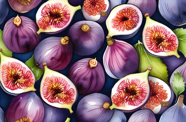 Wall Mural - Watercolor illustration of fig background texture. Many ripe figs in the background, top view, close up.
