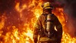 Firefighter battling intense blaze, heroic efforts to control raging inferno. Bravery and dedication of first responders in action against dangerous fire emergency