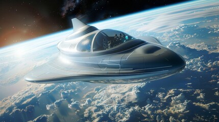 Poster - Futuristic Space Ship Flying Over Earth