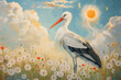 white stork standing in the summer meadow with daisies and poppies and sun shining in the sky. 