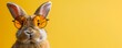 Bunny wearing funny glasses on yellow background. Humorous rabbit portrait with copy space.
