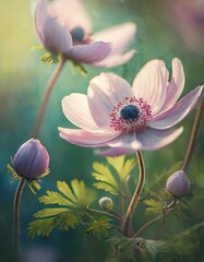 Canvas Print - pink flowers of anemones outdoors in summer spring garden