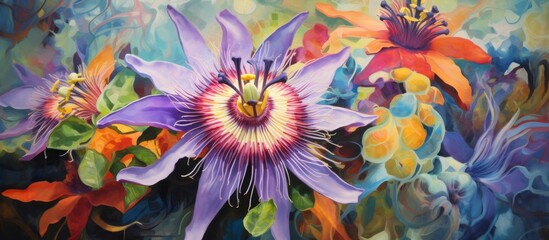 Wall Mural - The vibrant painting depicts an array of colorful flowers, including violet, magenta, and electric blue petals. Each flower is a masterpiece of terrestrial plant art