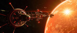 Fototapeta  - A futuristic space station orbits a red dwarf star in a beautifully rendered digital illustration.