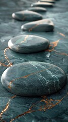 Wall Mural - A group of stones sitting on top of a green surface.